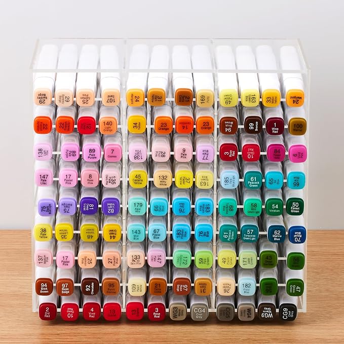 Acrylic Marker Organizer for 108 Markers, Large Capacity Alcohol Marker Storage Rack for Desk, Horizontal Pens Pencils Holder Art Organizer with 27 Compartments for Classroom Office