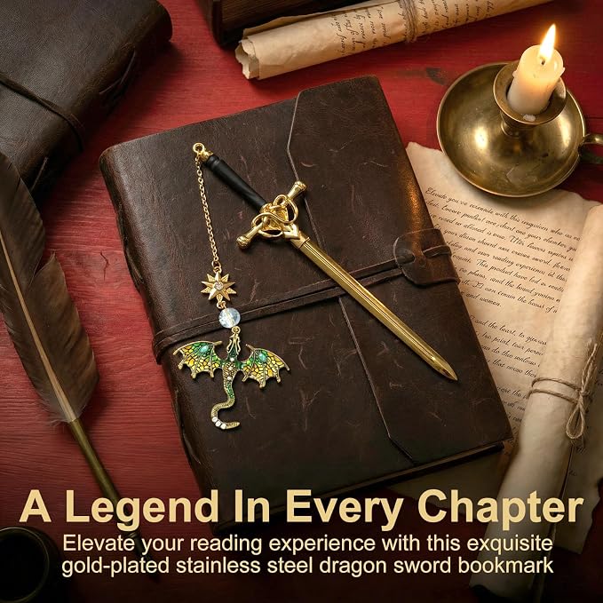 Vintage Metal Dragon Sword Bookmark, Fourth Wing Inspired Fantasy Book Markers, Cool Unique Bookmarks for Adults & Book Lovers, Personalized Dragon Gifts for Men(Yellow)