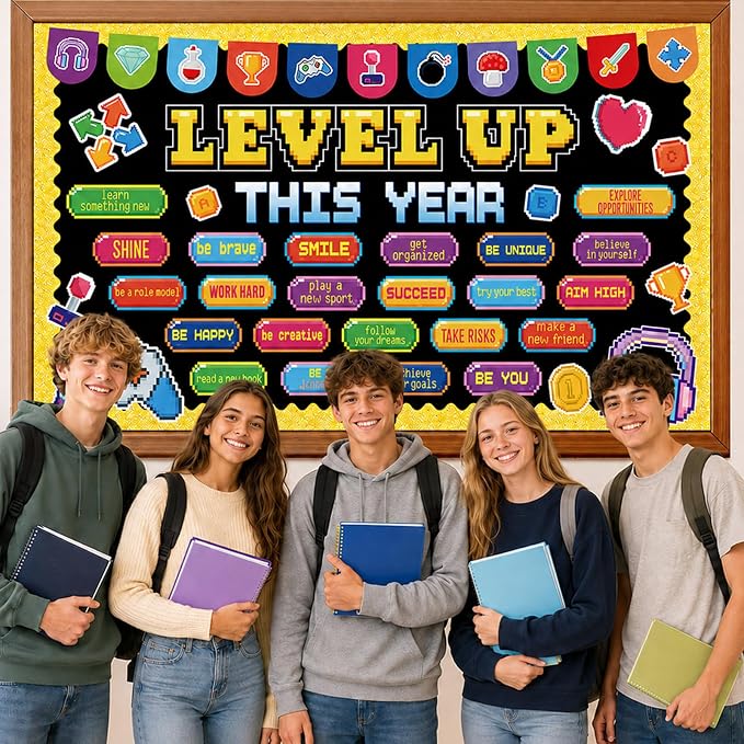 Video Game Bulletin Board Set Growth Mindset Classroom Decoration Level up This Year Bulletin Board Positive Affirmation Inspirational Game Cutouts for Back to School Chalkboard Wall Decor