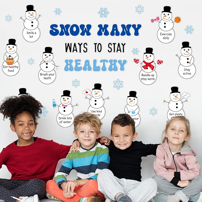 JarThenaAMCS Winter Snowman Cutouts Winter Healthy Habits Bulletin Board Decoration Set Christmas Snowman Snowflake Paper Cut Outs for Holiday School Classroom Chalkboard Wall Door Decor