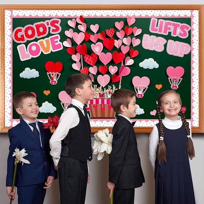 Valentine's Day Bulletin Board Set Hot Air Balloon Bulletin Board Classroom Decoration Valentines 3D Heart Cloud Religious DIY Photo Cutouts for School Classroom Chalkboard Wall Door Decor