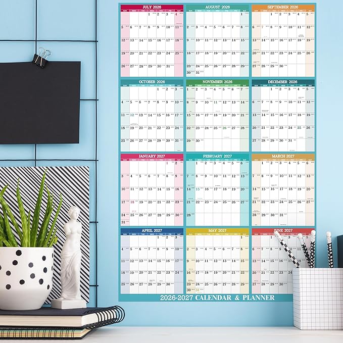 2026-2027 Yearly Wall Calendar - Dry Erase Calendar 2026-2027, July 2026 - June 2027, 34.8'' × 22.8'', 2-Sided Erasable Calendar with 8 Round Stickers