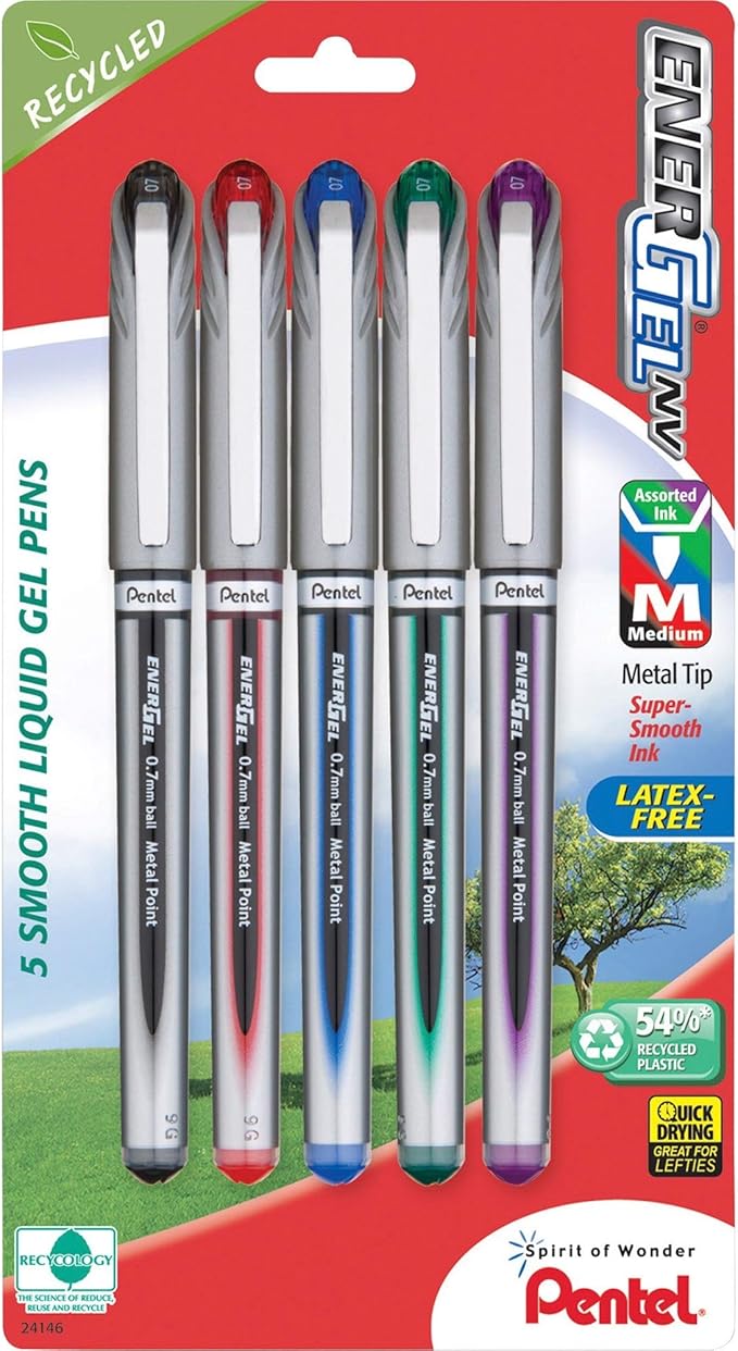 Pentel ENER-GEL NV Liquid Gel Pen, Medium Line, Metal Tip, Assorted Ink, 5 Pack (BL27BP5M)
