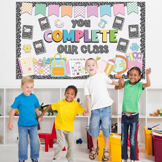 QOUBAI Composition Bulletin Board Set Welcome Classroom Bulletin Board Decoration Colorful Notebook Pencil Paper Cutouts Classroom Decorations for Back to School Office Home Chalkboard Decor Wall Door