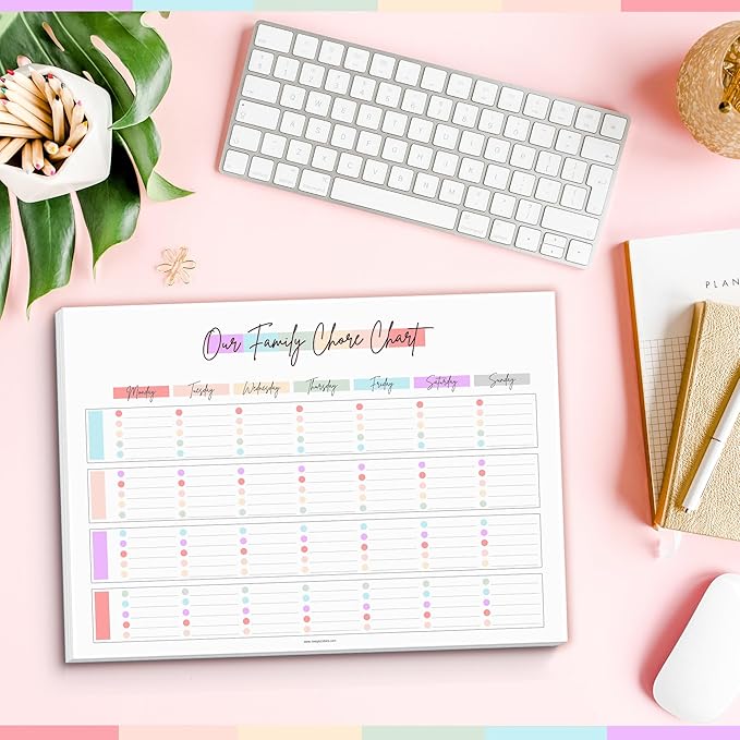 Family Chore Chart Notepad - Family planner, Calendar, Household Command Center | 50 Undated Tear Away Sheets | A4 Rainbow