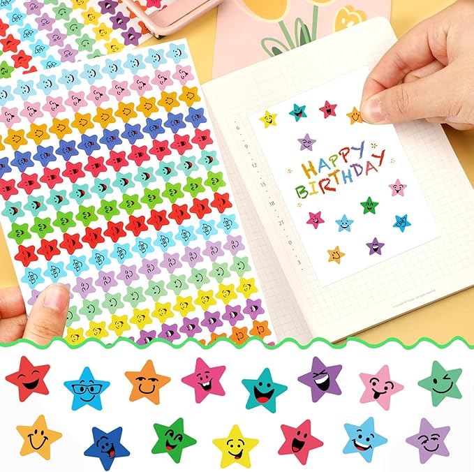 JANYUN Star Stickers, 6750Pcs Happy Smile Face Stickers 15 Designs Students Reward Chart Behavior Labels for DIY Crafts Scrapbooking School Office Supplies