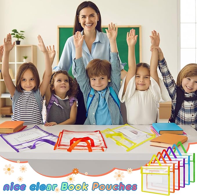 Teling 24 Pack Thick Clear Book Pouches with Blank Name Tags and Handles Book Baggies Bags Bins Organizer for School Classroom Library Pockets Students (14 x 11 Inch,Stylish Color)