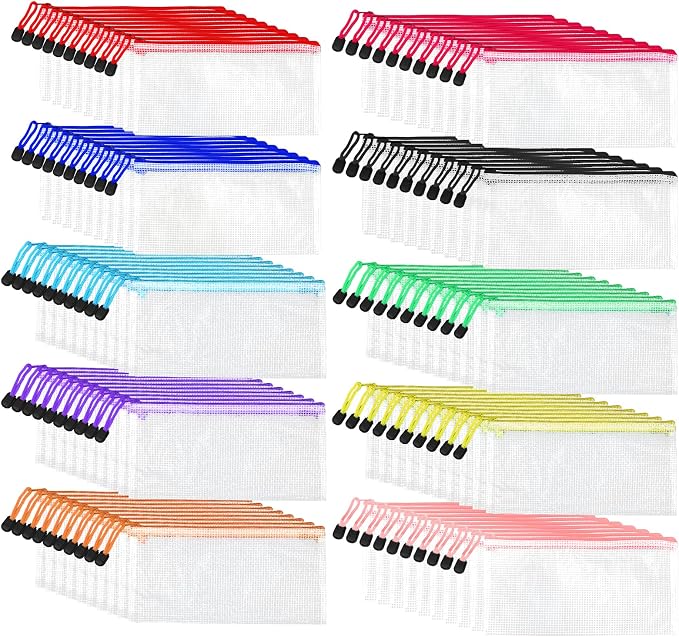 Kifmurase 100Pcs Pencil Pouches Bulk, 9.25'' x 4.5'' Mesh Zipper Pouch, 10 Colors Pencil Case, Small Clear Holder Storage Bag, Cosmetics Toiletry Bags for Office, File, Travel, Stationery