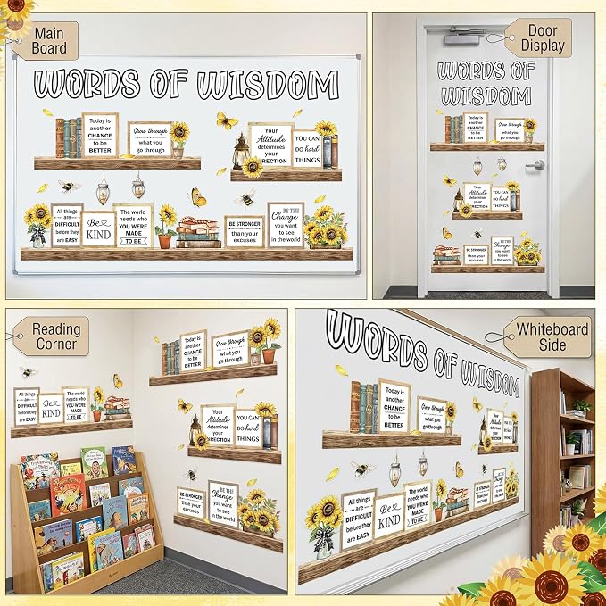 Qilery Sunflower Bulletin Board Decorations Set - Rustic Farmhouse Classroom Decor with Inspirational Quotes Cutouts, Motivational Wall Art for Teachers, Preschool, Library & Spring School Supplies