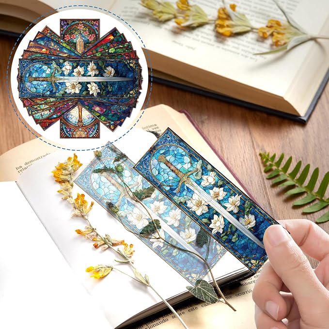Sword Stained Glass Transparent Bookmark - Wxiben 10 Pcs Cool Sword Transparent PVC Bookmark Fantastic Floral Book Mark Page Clips Gifts for Women Men Book Lovers Teacher Student Bookish Readers