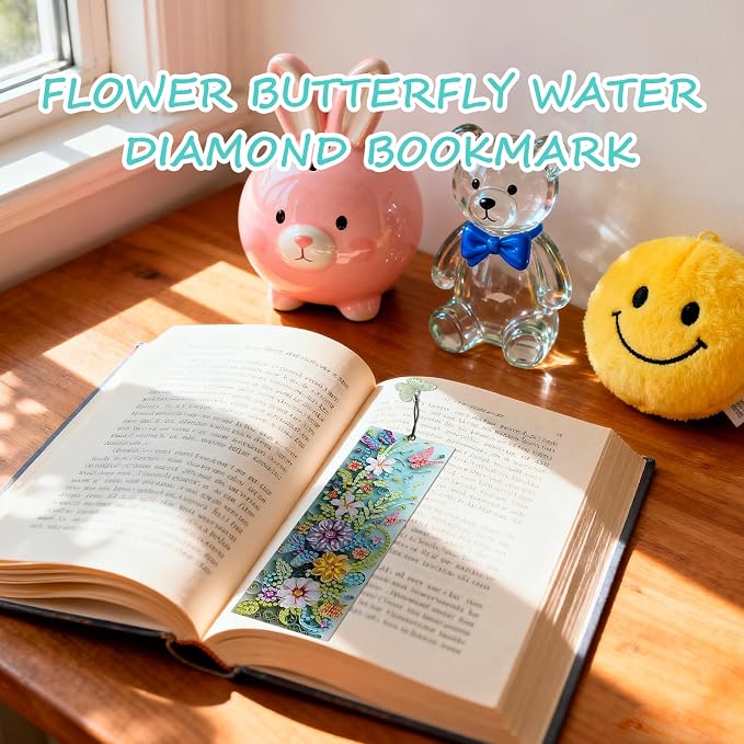 4 Pcs 5D Flowers and Butterfly Diamond Art Bookmarks,DIY Diamond Painting Book Marks with Rhinestone Tassel for Graduation Birthday Reader Gifts
