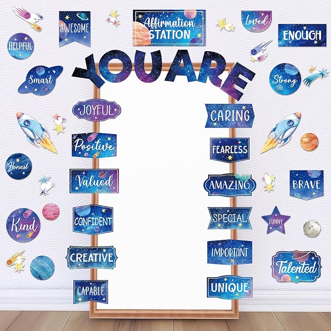 45pcs Space Affirmation Station Bulletin Board Set Motivational Posters Classroom Mirror Growth Mindset Decor Positive Affirmations Accents Cutouts for School Office Home Teacher Wall Supply