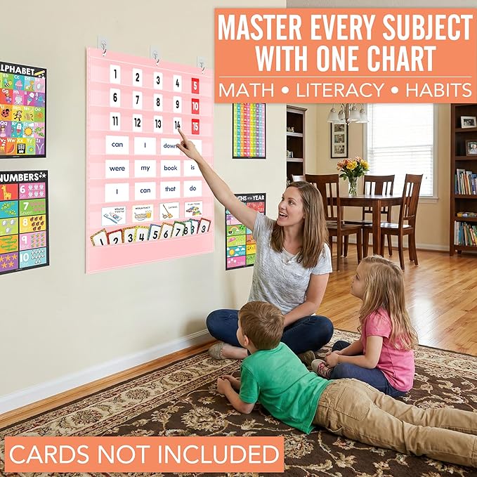 Pocket Chart for Classroom - 7+1 Pink Pocket Chart for Alphabet Learning Word Wall Calendar Daily Schedule Sentence Strips Sticker Display, Teacher Supplies for Preschool Elementary & Home