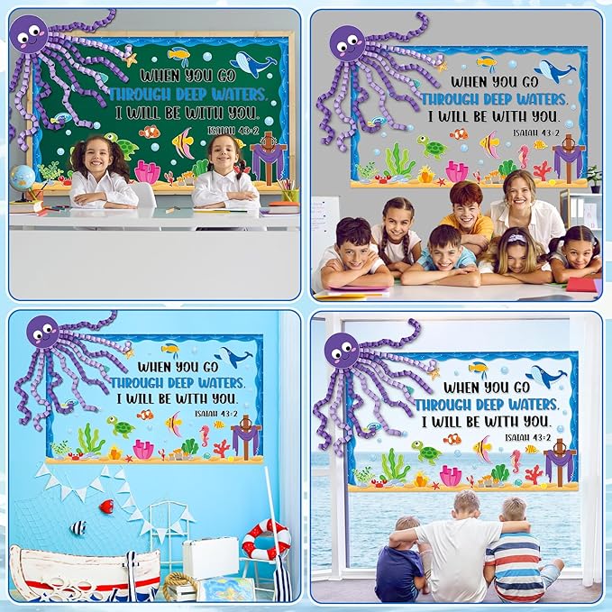 Christian Religious Under The Sea Bulletin Board Set Bible Verse Back to School Ocean Sea Animal Classroom Bulletin Board Decorations DIY 3D Octopus Cutouts for Sunday School VBS Chalkboard Wall Decor