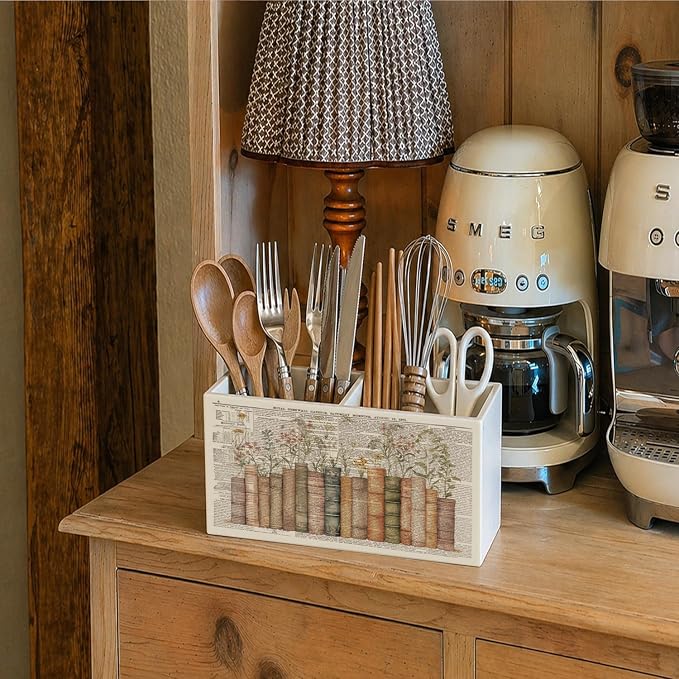 Vintage Book Floral Pen Pencil Holder for Desk Book Lovers Reader Gifts, Reading Corner Nook Decor, Bookish Wooden Box Sign Decorations for Reading Room Classroom Bedroom Desk Tabletop