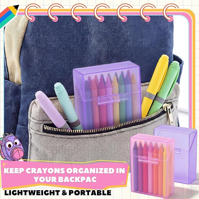 Clabby 2 Pcs Plastic Crayon Organizer Case for 24 Count Crayons Kids Art Supply Storage Box with Lid, Portable Holder for Classroom Home Travel, Fits Standard 24-Pack Crayon (Purple,Pink)