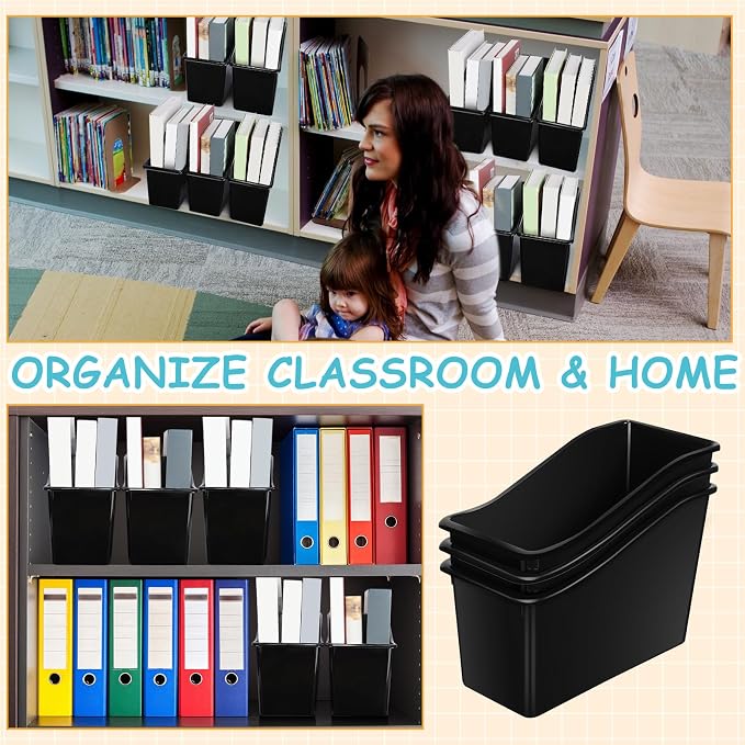 Fuutreo 12 Pieces Book Bins for Classroom Plastic Binder Holder Magazine Stuff Folder File Organizer Box for Home Office School Supplies (Black)