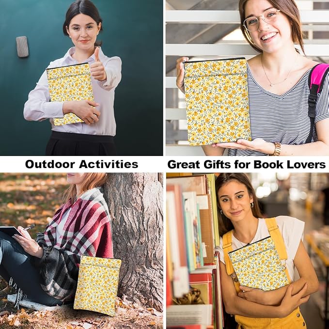 Yellow Wildflowers Pattern Book Lovers Gifts Waterproof Book Sleeve Books Pouch Books Protector with Zipper and Front Pocket BookCover Case for Women Best Friend Sister Birthday Christmas