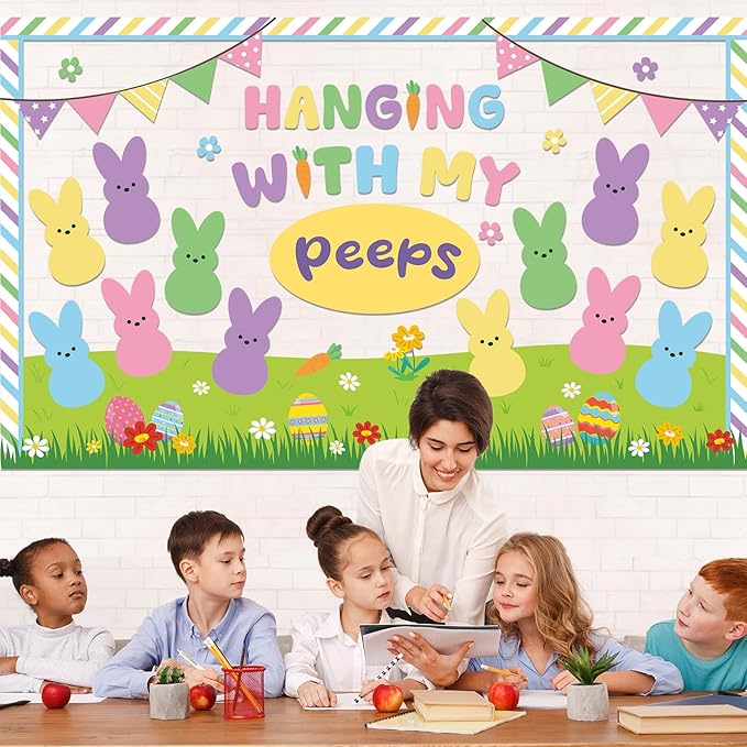 Easter Bulletin Board Set Easter Bunny Classroom Decorations Spring Peeps Bulletin Board Border Colorful Rabbit Eggs Paper Cutouts Home for Happy Easter Party School Classroom Chalkboard Supplies