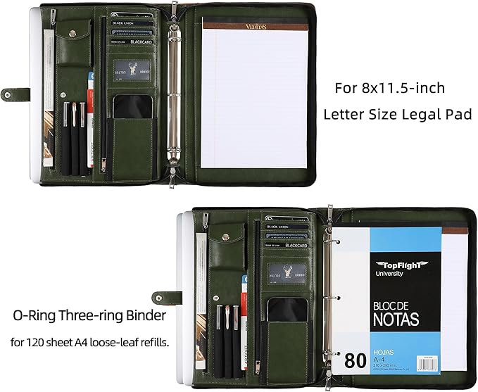 Green Leather Padfolio for Women/Men, Business 3 Ring Portfolio Binder, Personalized Zippered Organizer for A4 Notepad & 13-inch Laptop/Tablet