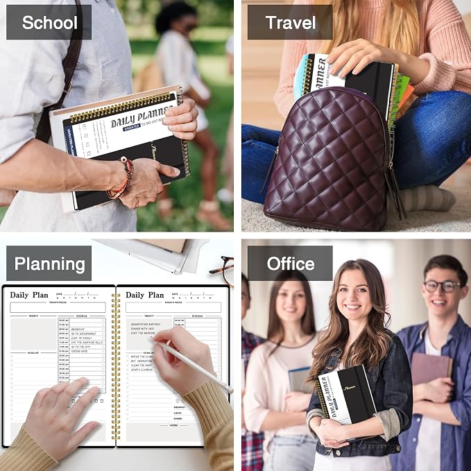 Daily Planner Undated, To-Do List Notebook with Hourly Schedule, Spiral Appointment Organizer Calendar for Man / Women, Flexible Cover, Twin-Wire Binding Elastic Closure, Pocket Pen Loop, 160 Pages
