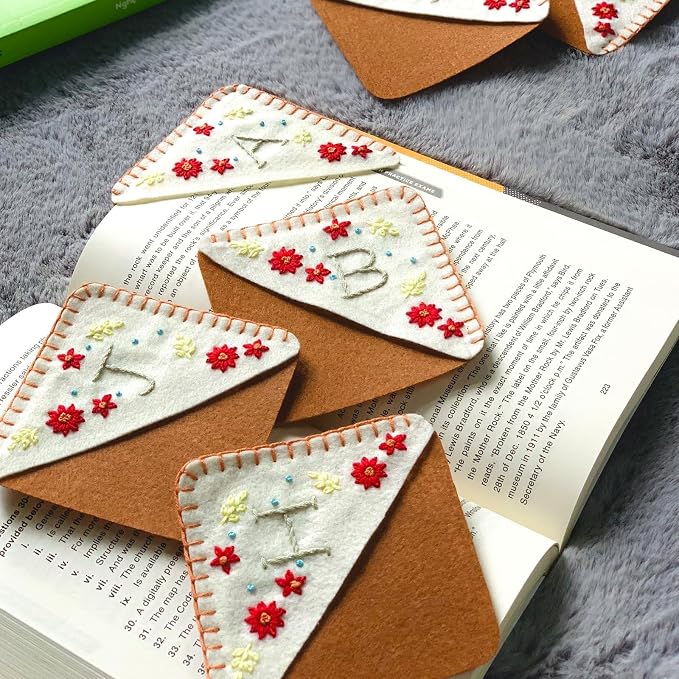 Personalized Hand Embroidered Corner Bookmark, Cute Flower Book Mark, Hand Stitch Gift for Women Book Lovers by HNQCPCVU (V, White)