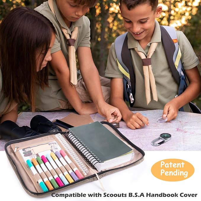 Handbook Book Cover Compatible with BoyScoouts Handbook with Amercan Flag Patch and Compass - Book Sleeve - Handbook Protector for Boys Girls