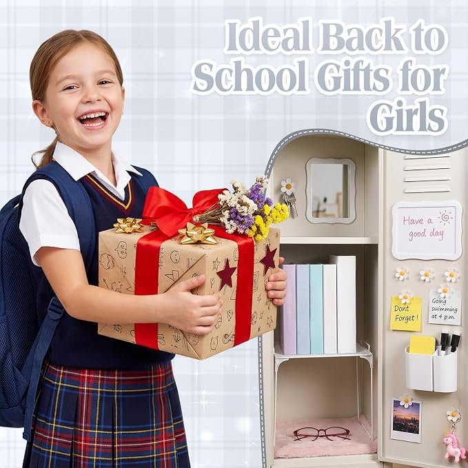 Colarr 16 Pcs White Locker Accessories for Girls Includes Magnetic Whiteboard & Mirror Locker Shelf Pen Holder 2 Dry Erase Marker & Eraser 9 Flowers for Back to School Essentials Decoration