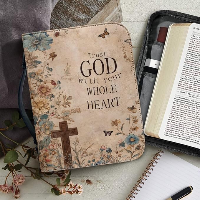 Retro Style Brown Cross Bible Case with Bookmark Waterproof Bible Cover Case for Women Lightweight Bible Bag with Handle Pockets Church Book Bag
