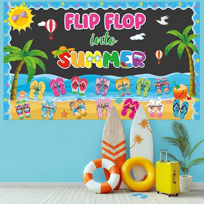 Summer Classroom Bulletin Board Decorations Flip Flop DIY Name Craft Cutouts with Paper Flip Flop Into Summer Cutouts Hawaiian Tropical Bulletin Board for Student Teacher Back to School Supplies