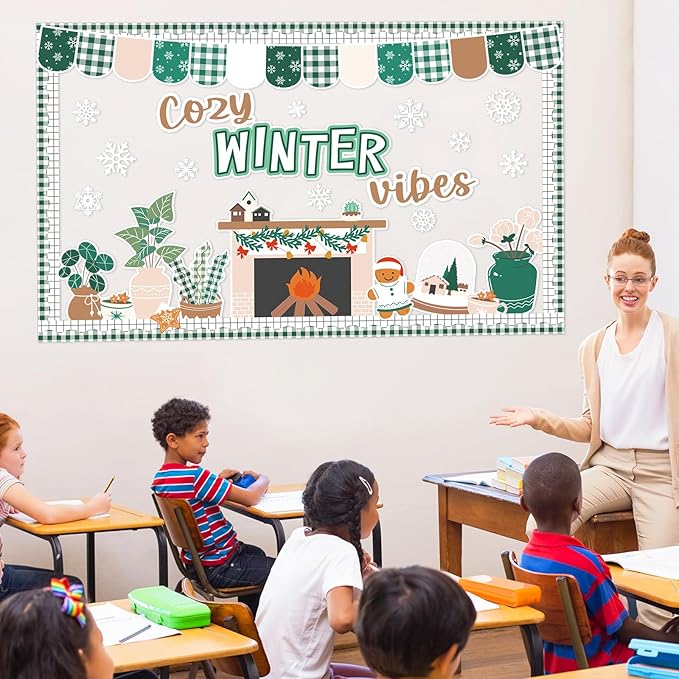 Justforjoyful Christmas Bulletin Board Decorations Winter Fireplace Cutouts Snowflake Gingerbread Bulletin Board Set Xmas Tree Plant Classroom Decor for Holiday Home School Wall Christmas Party Supply