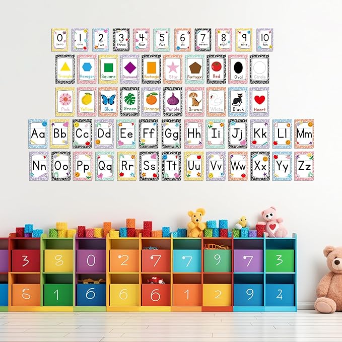 56Pcs Composition Notebook Alphabet Poster for Wall Alphabet Number Bulletin Board Colors Shapes Educational Learning Cards for Teacher