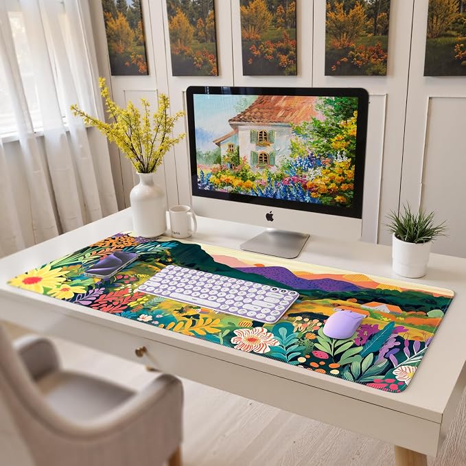 iCasso Large Gaming Mouse Pad (35"x16") - Waterproof Desk Mat with Non-Slip Rubber Base & Stitched Edges - Extended Keyboard Mousepad for Computer, PC, Office, Home Workspace (Oil Painting)