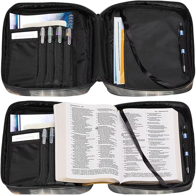 Suobstales Cross Angel Wings Print Bible Cover Portable Carrying Book Case Multi-Functional Bible Case Bible Organizer Case with Handle and Zippered Back Pocket