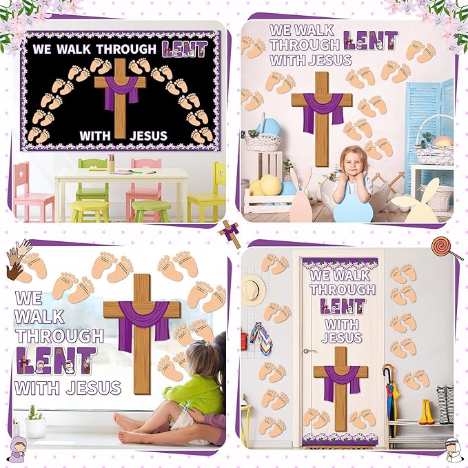Easter Religious Bulletin Board for Lent Easter Cross Bulletin Board Decoration Set Religious Christian Cross Footsteps Paper Cutouts for Church Home Classroom School Nursery Chalkboard Decor