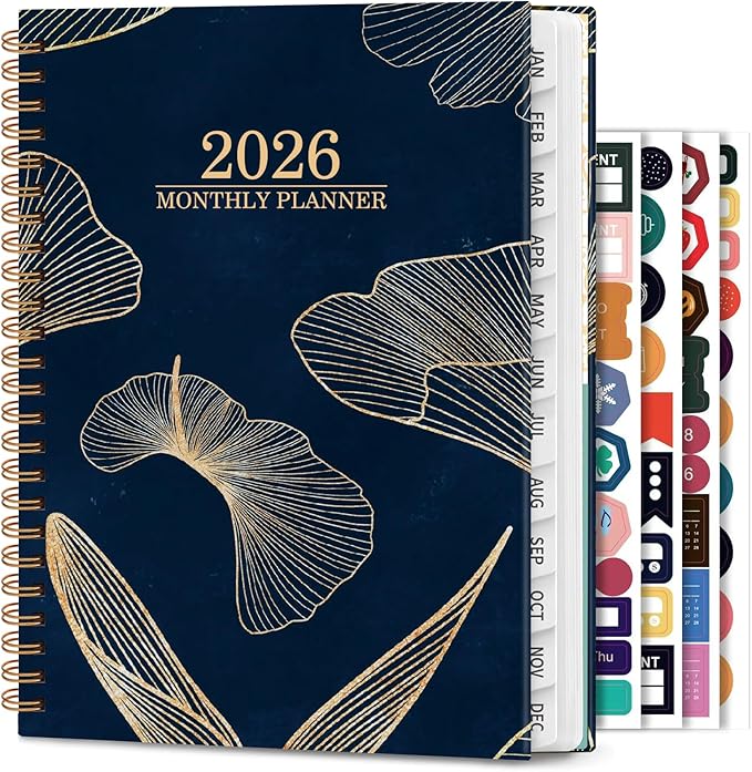 Planner 2026 - Weekly and Monthly Calendar Academic Planner, 2026 Yearly Daily Calendar Planning Agenda Book with Month Tabs, Jan to Dec 2026, With Stickers for Home Office School, 6.5" x 8.5" (Ginkgo leaves)