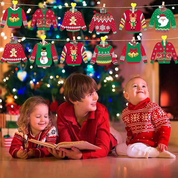 40 Pieces Ugly Sweater Cutouts Christmas Decoration Ugly Sweater Cardboard Cutouts with Glue Point Dots for Bulletin Board Party Holiday Party Decoration, 5.9 x 5.9 Inch