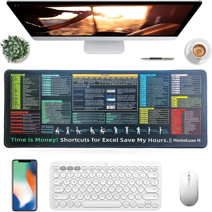 Excel Cheat Sheet Desk pad-Big Mouse Pad(31.5in x 11.8in x 0.1in) | Desk Mat for Microsoft Excel Shortcuts | Office Desk Accessories | Non-Slip Stitched Edge