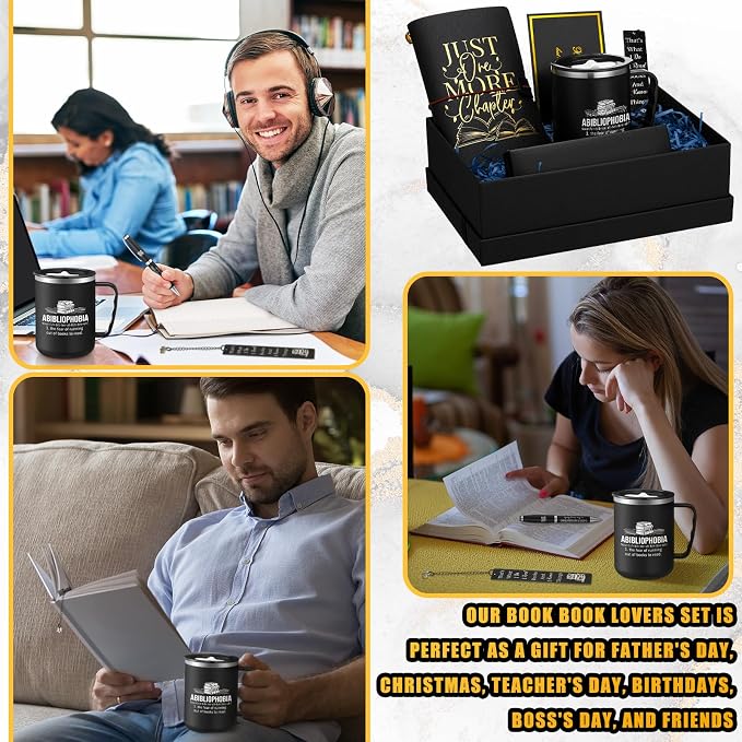 Shellwei 6 Pcs Book Lovers Gifts for Father's Day Men Gifts 17 oz Abibliophobia Coffee Mugs Leather Journal Notebook with Ballpoint Pen Metal Bookmark Greeting Card Box Gift for Librarian Bookish Men