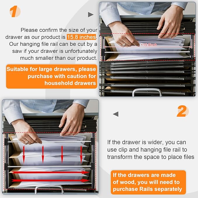 Epakh 3 Pcs Metal File Cabinet Rails Set Include 1 Cabinet Divider Rails 2 Hanging File Rail Clips for Hanging Folder Frame Bars Office Storage, Drawer Thickness Less Than 1/8 Inch(Aluminum)