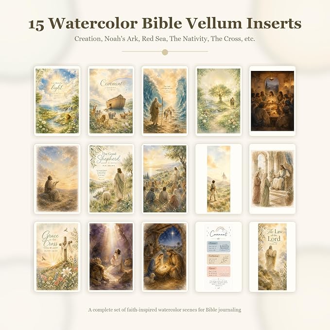 Bible Tip Ins Vellum Bible Inserts for Journaling with Watercolor Scripture Art Bible Study Inserts & Prayer Bookmarks 15PCS Bible Page Overlays for Women