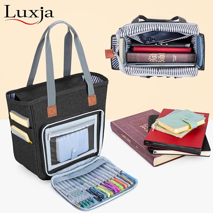 LUXJA Bible Case Tote for Women, Bible Bag with Multiple Pockets for Bible Study Items, Black