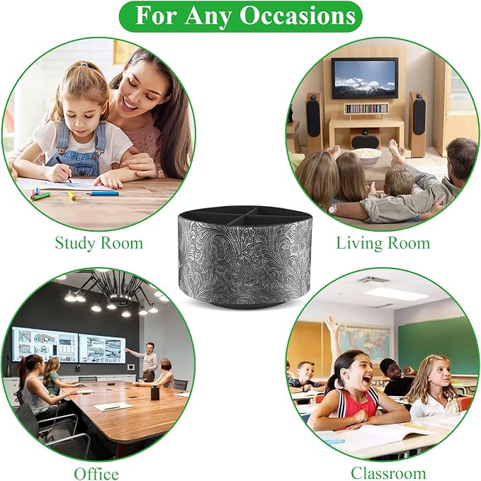 lizimandu Round Leather Art Supply Organizer,Remote Control Holder,360 Degree Spinning,Multi-Functional Pencil Holder,4 Compartments Desktop Stationary Organizer(1-Grey)