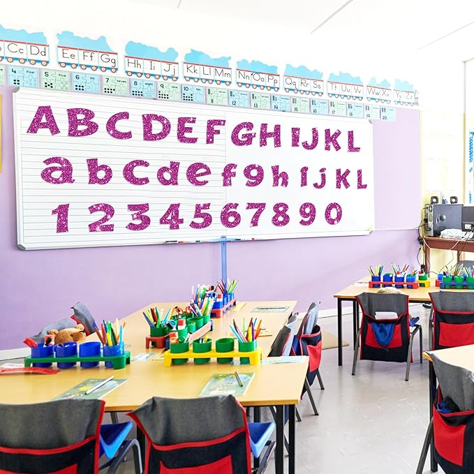 Colarr 216 Pcs Glitter Bulletin Board Letters for Classroom Number Alphabet Punctuation Symbol Cutout 4'' Die-Cut Poster Letter with Adhesive Dot School Party Holiday Decor Display(Purple)