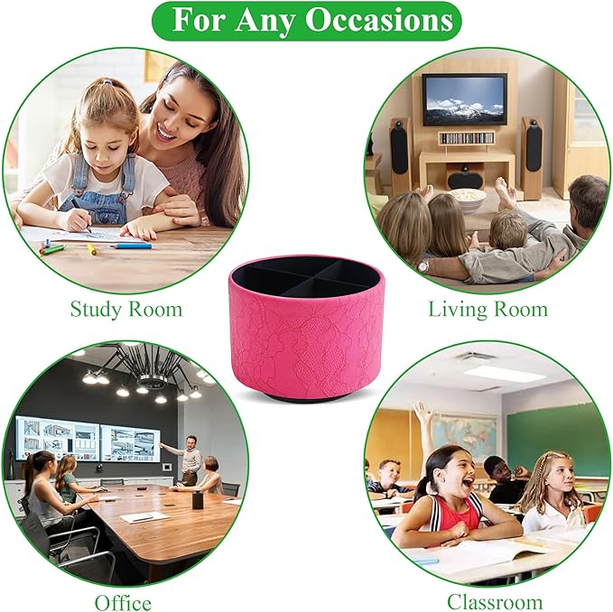 Round Leather Art Supply Organizer,Remote Control Holder,360 Degree Spinning,Multi-Functional Pencil Holder,4 Compartments Desktop Stationary Organizer(1-Lace Flower Rose Red)