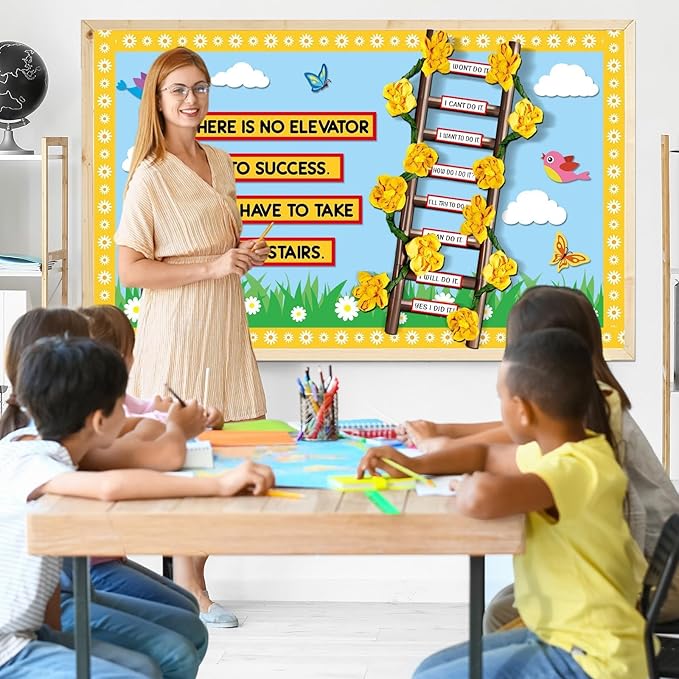 Spring Bulletin Board Decoration Set Back to School 3D Ladder Classroom Decorations Motivational Blue Sky White Clouds Summer Paper Cutouts for Home Nursery School Chalkboard Wall Party Supplies