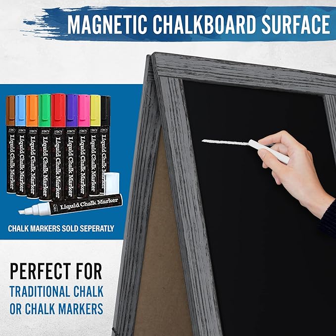 A Frame Chalkboard by HBCY Creations: 40x20 Solid Wood A-Frame Sign Graywash Double-Sided Magnetic Board, Chalkboard Menu Board, for Restaurants, Cafés, Weddings - Heavy Duty Hinges