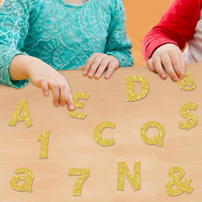 Colarr 216 Pcs Gold Glitter Bulletin Board Letters for Classroom Number Alphabet Punctuation Symbol Cutout 4'' Die-Cut Poster Letter with Adhesive Dot School Graduation Party Holiday Decor Display