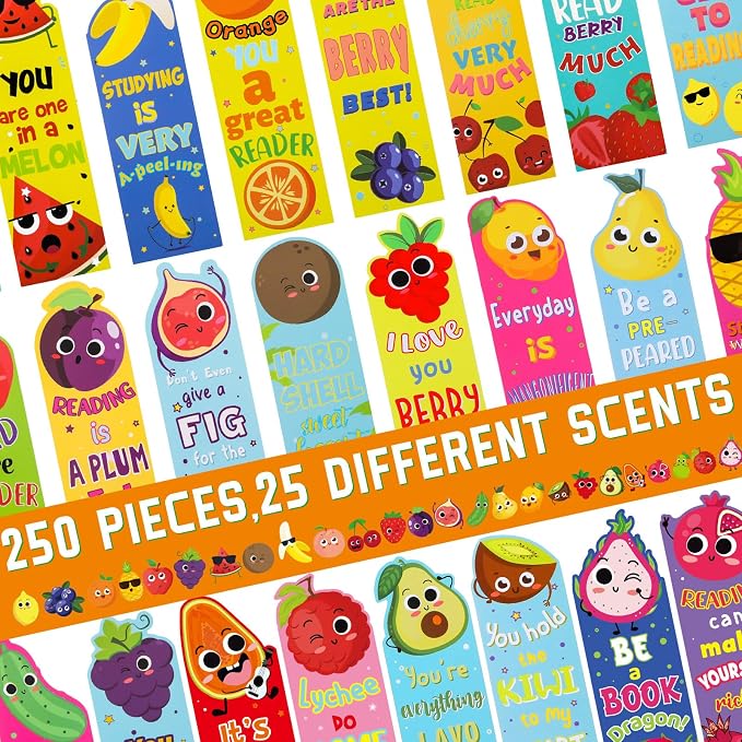 Fainne 250 Pcs Scented Bookmarks Kids Bulk Scratch and Sniff Bookmarks Fun Fruit Food Assorted Educational Bookmark for Students Teens Reader 25 Styles, 25 Scents