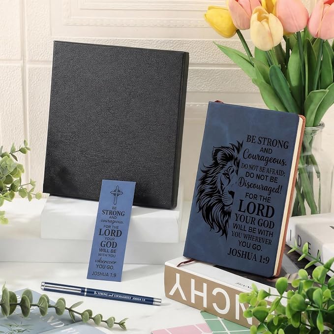Fuyoooo 4 Pcs Christian Gifts for Men Father's Day Pastor Appreciation Gifts Vintage Leather Hardcover Notebook 1 Timothy 6:11 Religious Bible Verse Pen Joshua 1:9 Bookmark & Box(Lion,Blue)